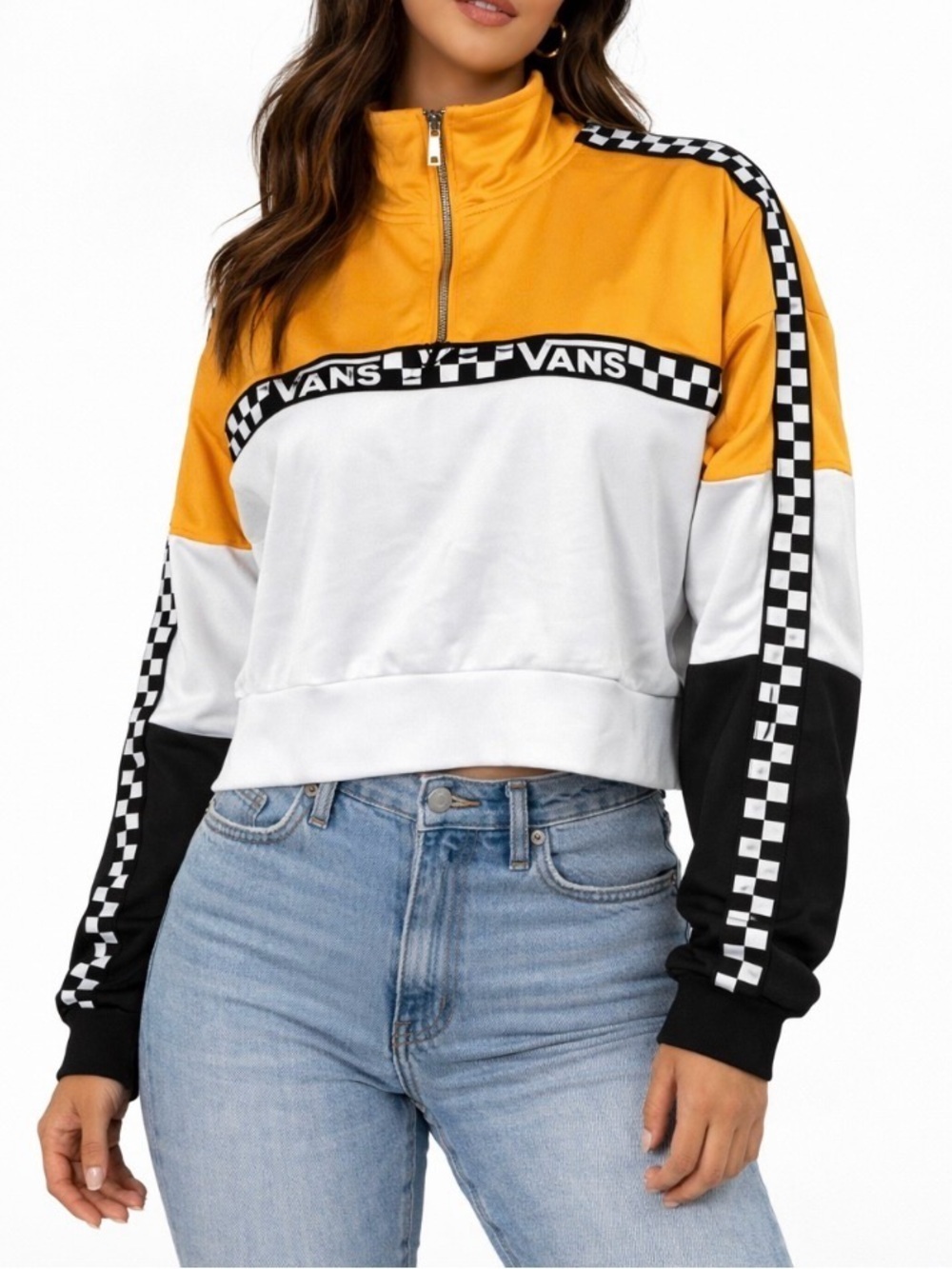 Vans Colorblock Quarter-Zip Pullover in Yellow White Black racing checkers SZ XS